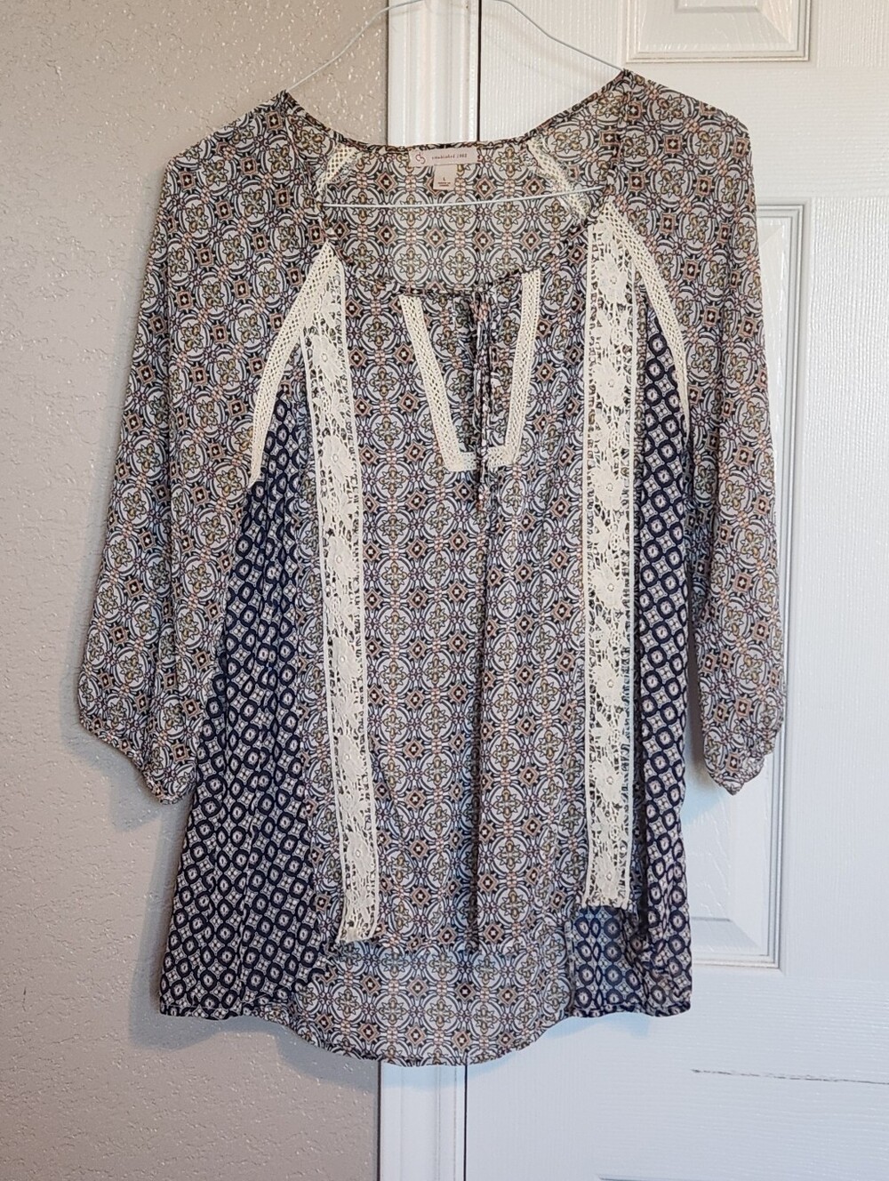CB Established 1962 Boho Lace-Trim Printed Peasant Top - Navy & Cream